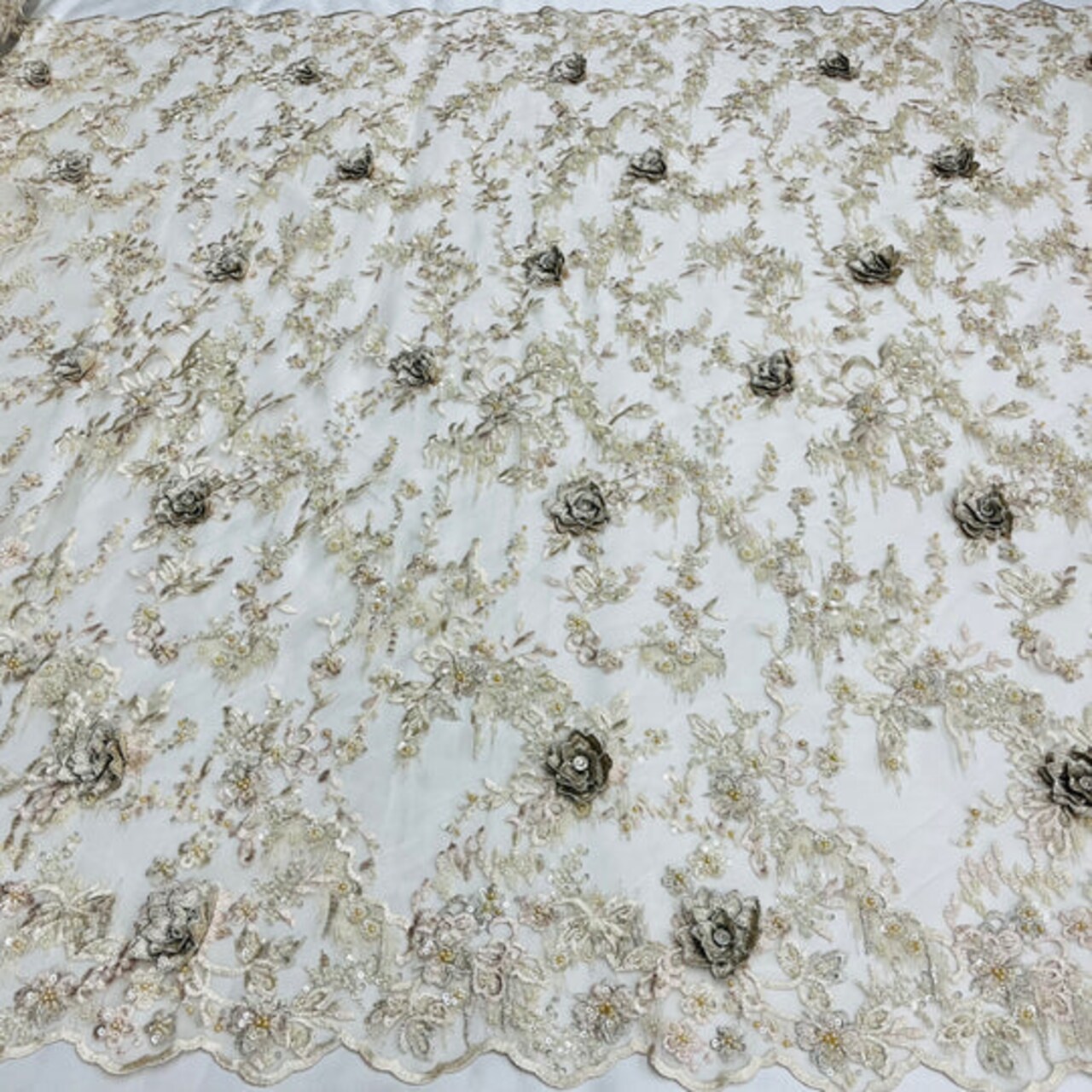 1 Yard Beaded Rhinestone 3D Floral Lace Fabric Embroidered 100 Percent Polyester Net Mesh 50 inch Width